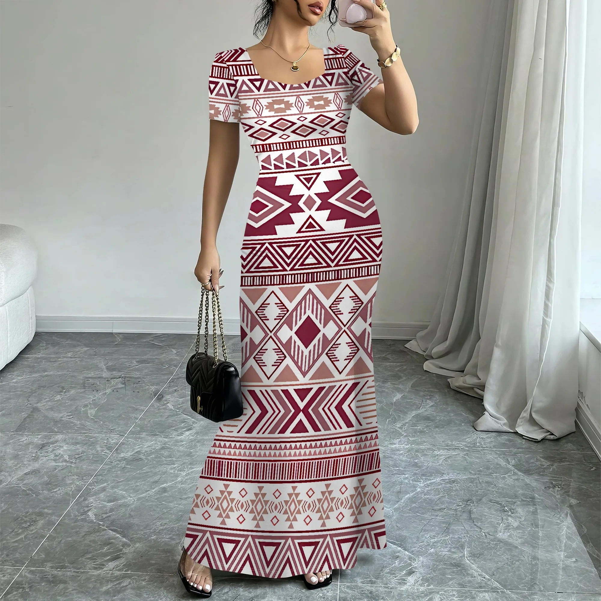 

EQQZD Short Sleeve Square Neck Fishtail Dress, Boho Patchwork Print Bodycon Maxi Dress, Stylish Casual Dress for Women