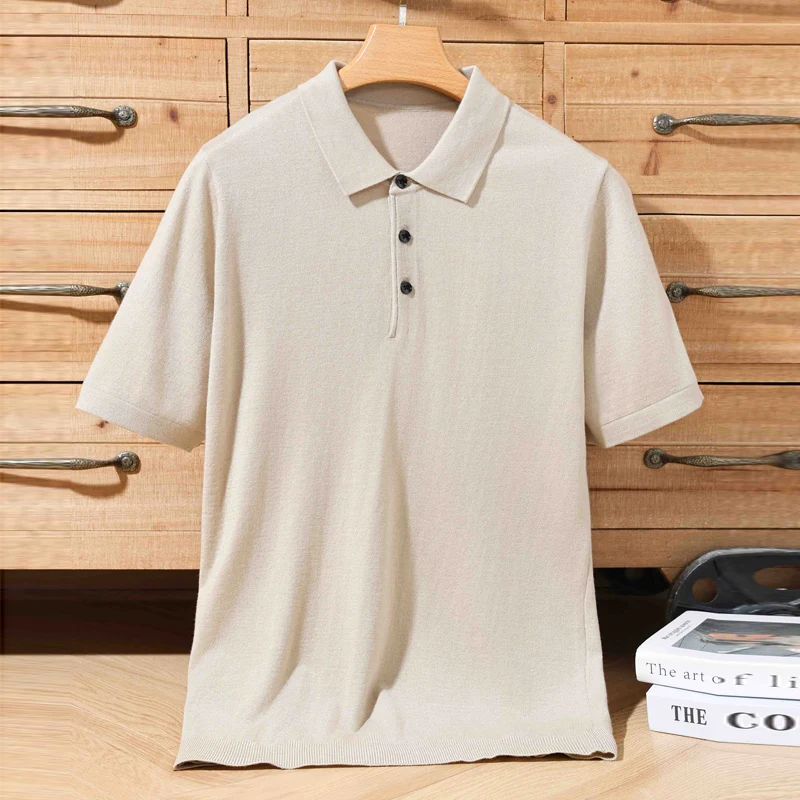 Men's T-shirt summer worsted wool sweater short-sleeved casual solid color men's clothes POLO collar knitted Tops loose Blouse