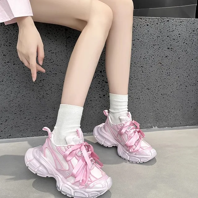 

Vintage Style Real Leather Sport Shoes for Women with Bow Tie Worn off Effect Paris 3XL Dad Shoes Pink Low Top Casual Sneakers