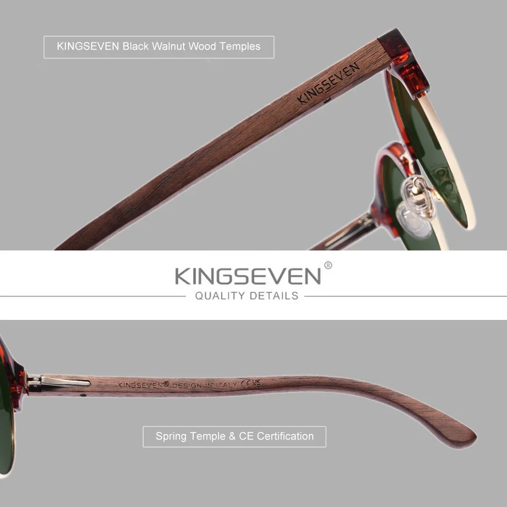 KINGSEVEN Classic Natual Walnut Wooden Sunglasses Unisex Polarized Vintage Round Eyewear UV400 Protection Glasses