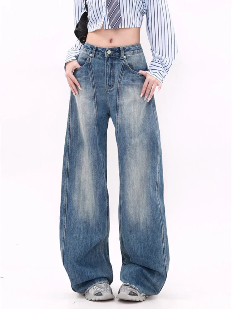 

American style retro wide leg curved knife jeans women in plus size summer design high waist loose fashion pants