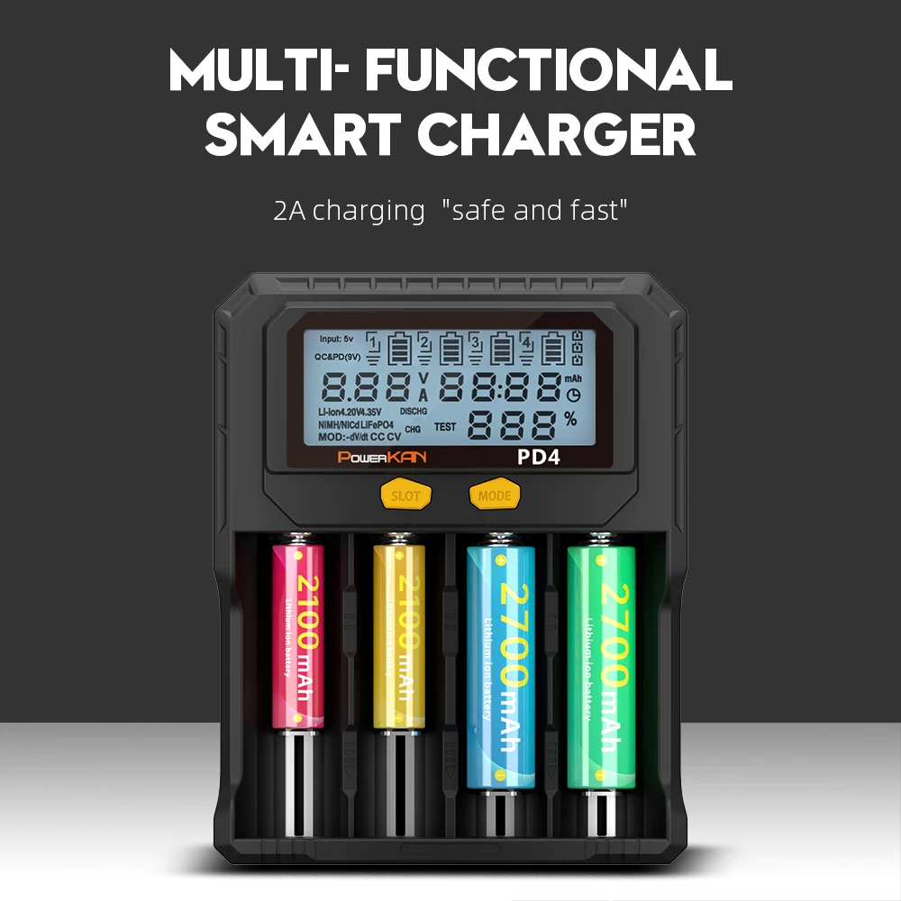 POWERKAN PD4 battery charger, suitable for 18650/26650/21700 /IMR/INR/ICR/3.2VLiFePO4, 1.2V Ni-MH/Ni-CD rechargeable batteries