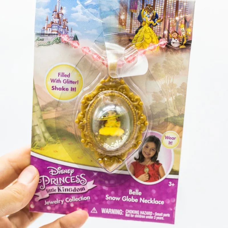 Disney Princess Little Kingdom Jewelry Collection Snow Globe Necklaces Toy Belle Rapunzel Ariel Cinderella Doll Kids Toys Gifts