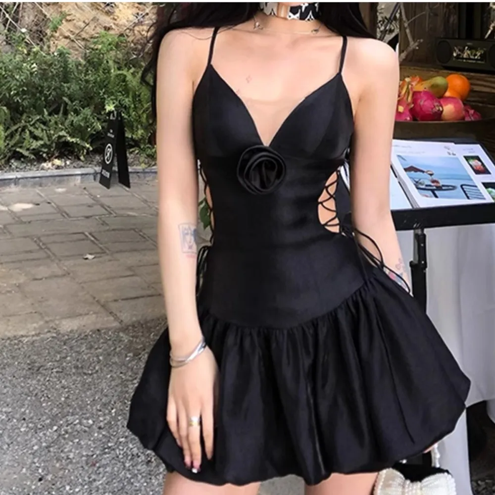 Black camisole dress for womenv V neck tied flower bud fluffy dress abiti eleganti donna cerimonia