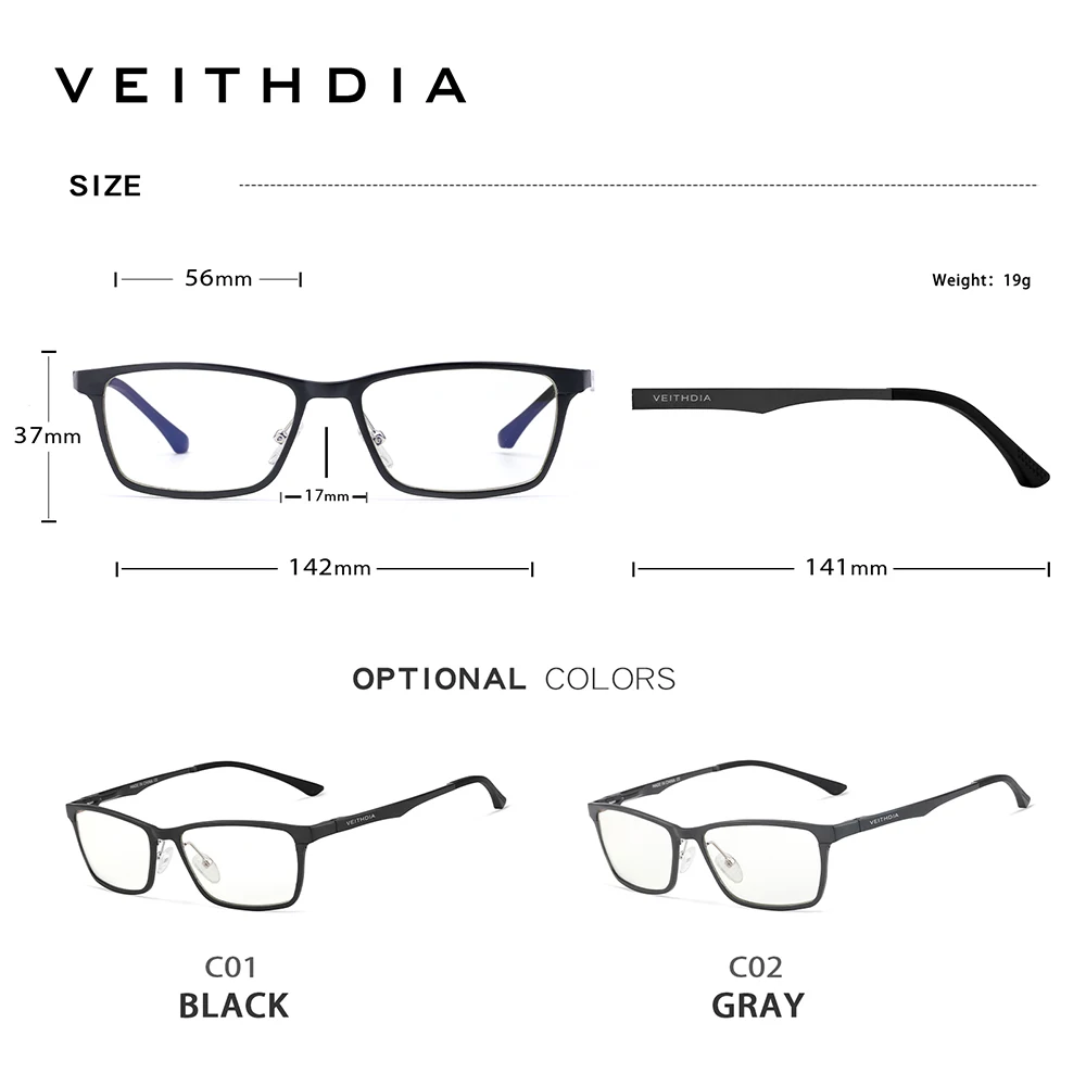 VEITHDIA Brand Women\'s Anti Blue Light Glasses Men\'s Computer Goggles Transparent Lens Eyeglasses Frame for Male Eyewear VE8706F
