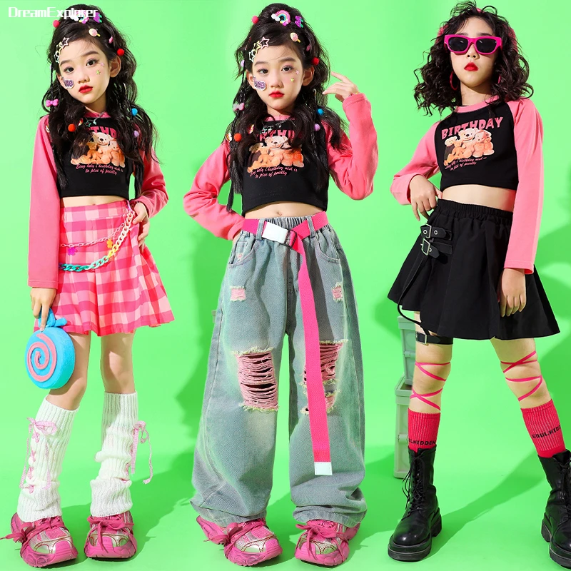 Girls Hip Hop Crop Top Street Dance Sweet Jeans Lovely Outfit Child Cool Plaid Skirts Clothes Sets Kids Streetwear Jazz Costumes