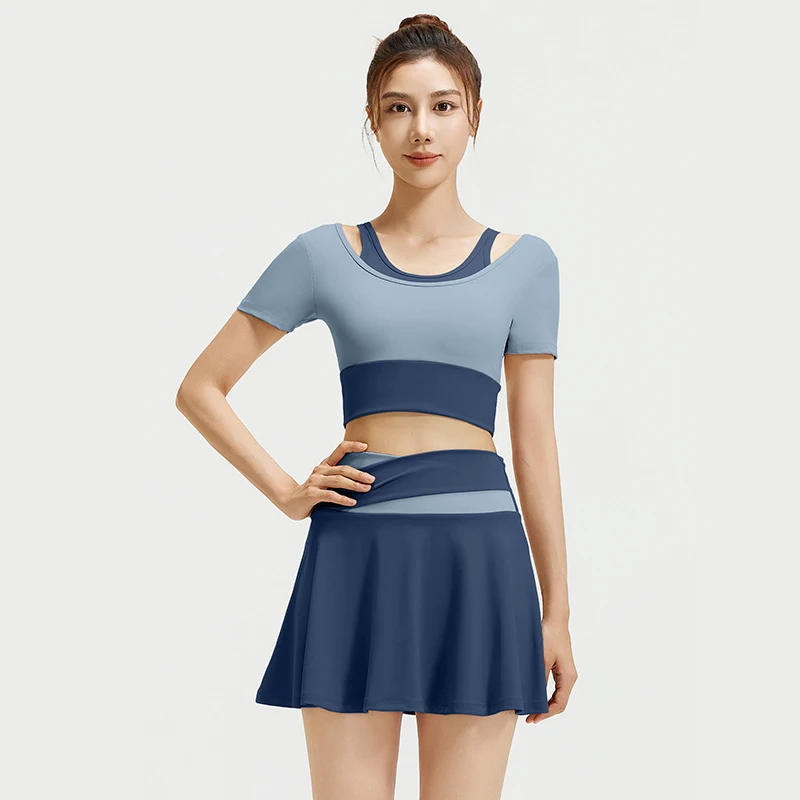 2Pcs Women's Yoga Tennis Skirt Set Short Sleeve Top Sexy Skirt Sports Shorts Fitness Women's Golf Dance Badminton Yoga Clothing