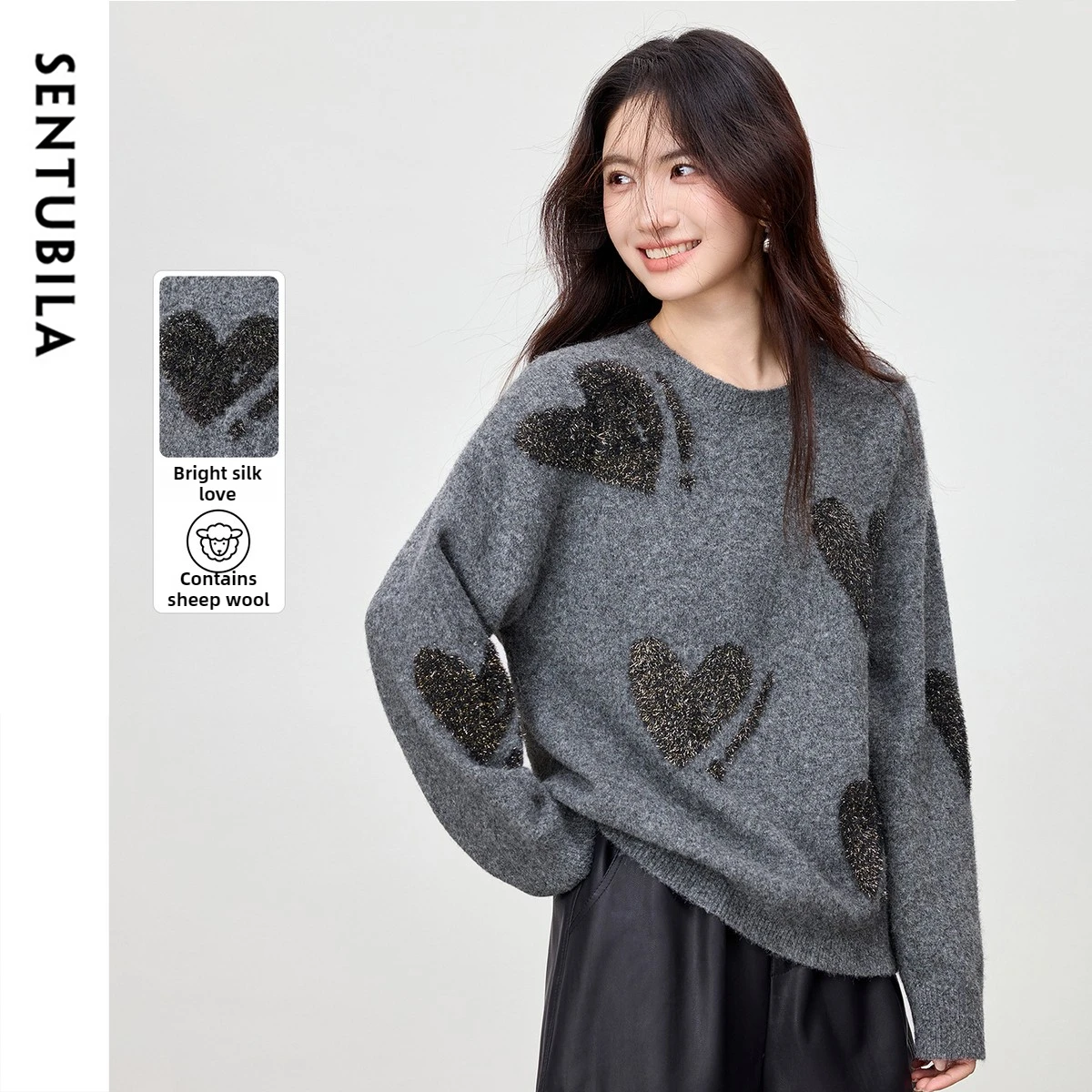 

SENTUBILA Women's Knit Pullover 2025 Autumn Long Sleeve O-Neck Heart Jacquard Pattern Sweater Soft Elegant Casual Top W54EE3751