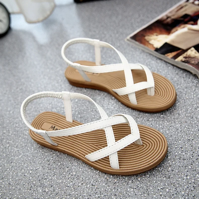 Summer Shoes Woman Sandals Elastic Flat Sandalias Mujer 2021 Strappy Gladiator Beach Sandals Ladies Flip Flops White