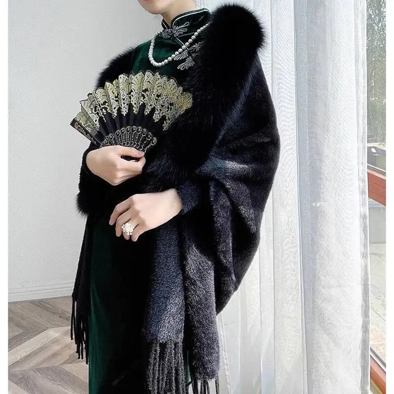 

Fashion Imitate Mink Faux Fox Fur Cape Coat Autumn Winter Women Party Dress Wraps Shawl Cloak Cardigan Pure Colors