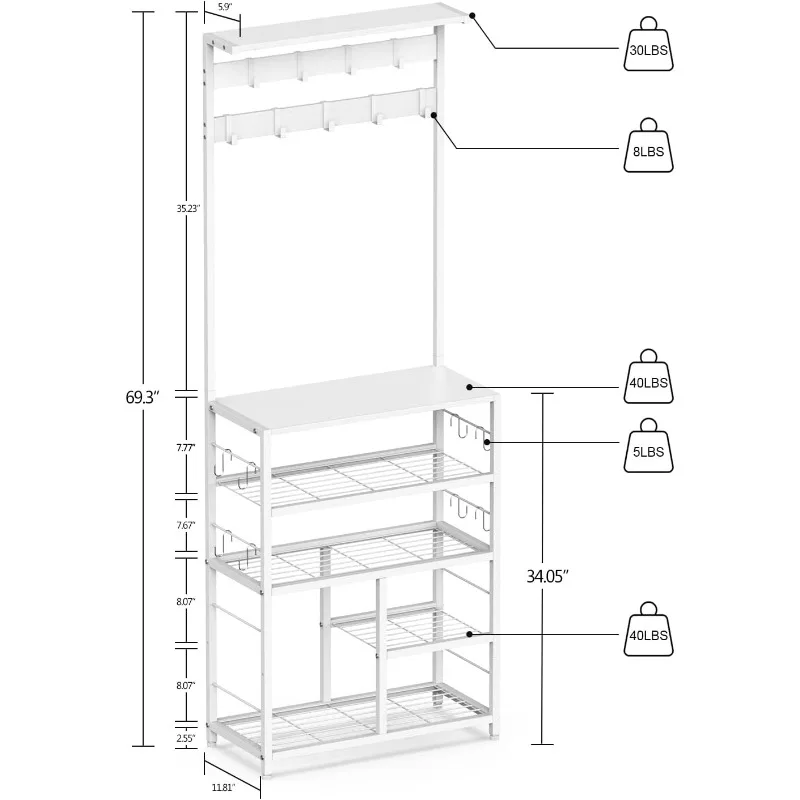 Modern White Large 5-Tier Hall Tree Entryway Wooden Shoes Rack Shelf Coat Rack with Movable 9 Metal Hooks Storage Organizer