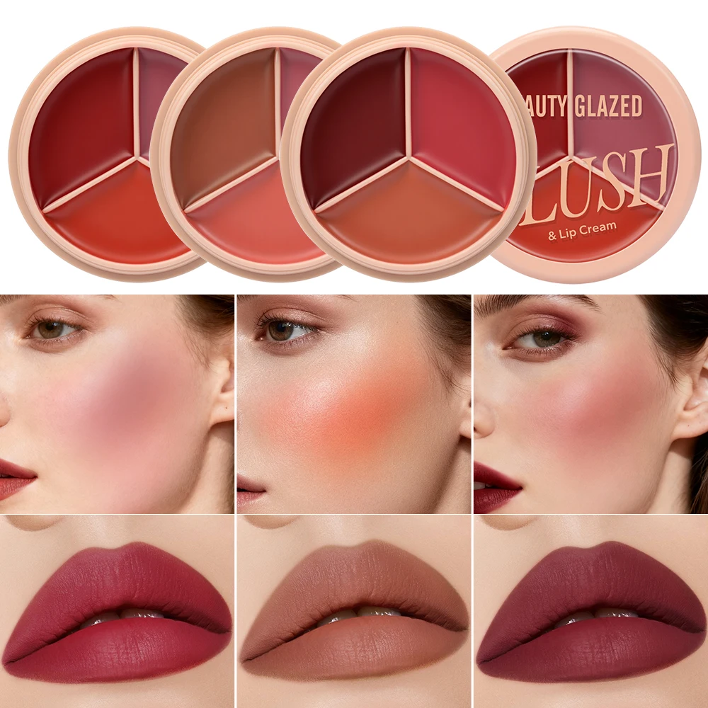 3-color blush palette-cream 2-in-1 multifunctional facial lip makeup, berry, pink, red waterproof