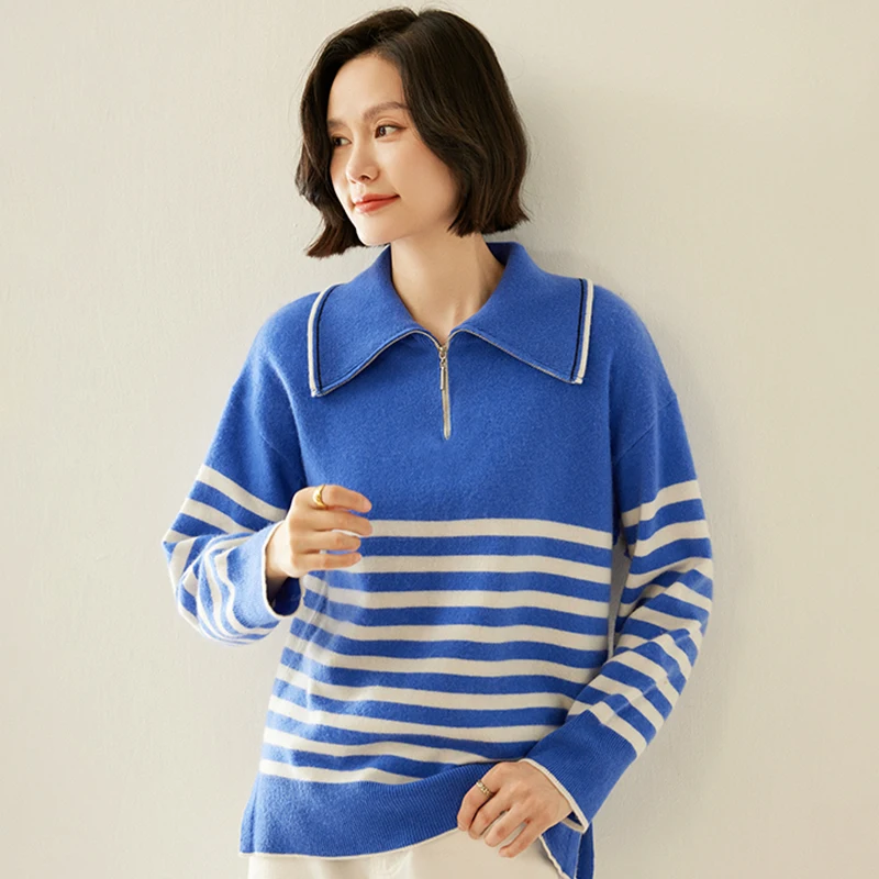 

Autumn Winter Women's 100% Cashmere Stand-Up Collar Half-Zip Pullover Striped Casual Sweater Fashion Classic Knitwear Clothing