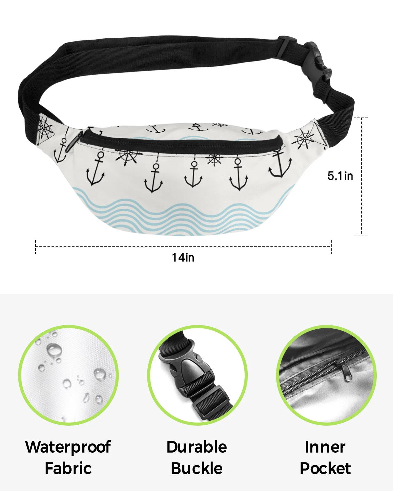 Nautical Motifs Waves Anchors Waist Packs Shoulder Bag Unisex Messenger Bag Casual Fashion Fanny Pack for Women