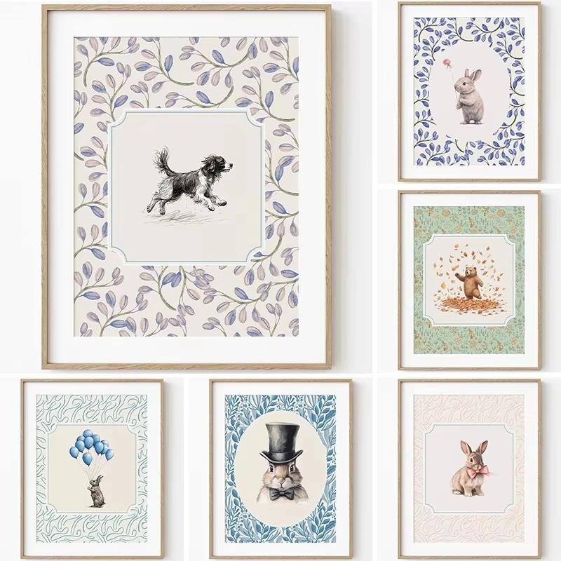 Nordische Vintage-Tierposter: Kaninchen, Hund, Schwan, Bär, Schaf, rahmenlose Leinwandkunstdrucke, Heimdekoration für Wohnzimmer im Landhausstil