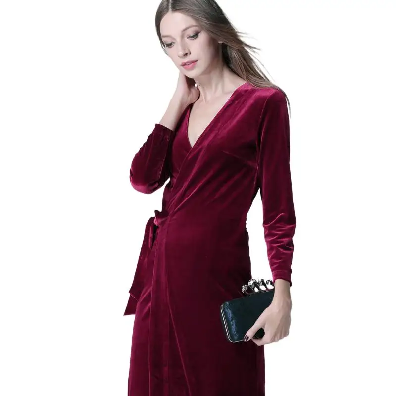 

England style women sexy elegant V-neck velvet cardigan lace-up dress,Autunm long sleeve velour dress brandL party dress