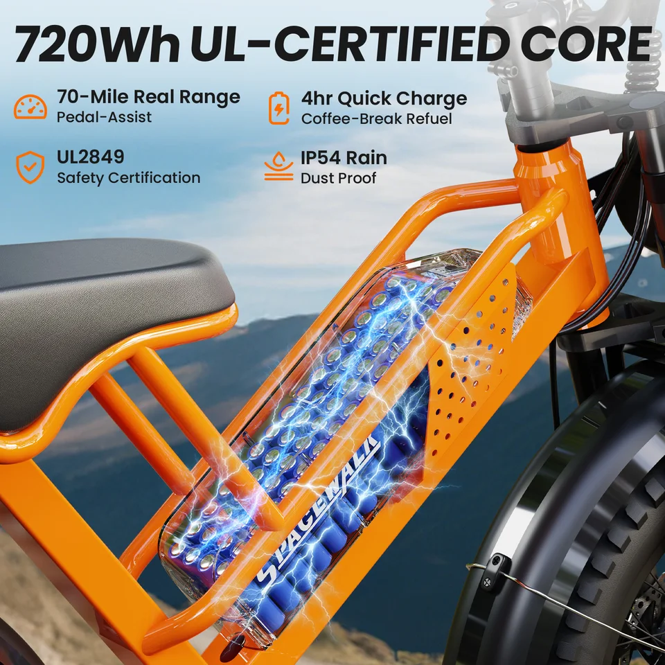 Spacewalk 2000W Electric Dirt Bike for Adults 20×4.0 Fat Tire Electric Bike UL Certified 720Wh Battery 70 Miles Long Range Off Road Mountain E-Bike Full Suspension Electric Bicycle image 4
