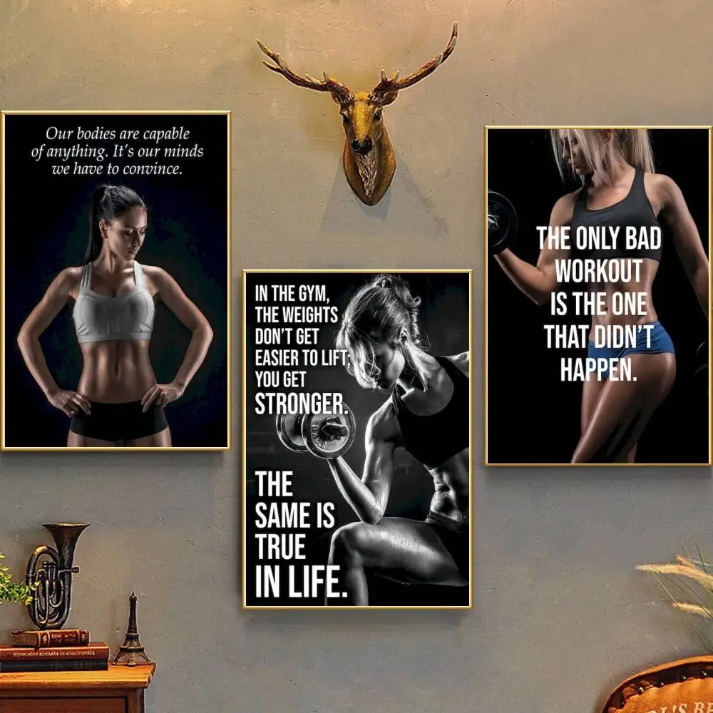 Bodybuilding Sexy Fitness Girl Poster Self-adhesive Art Waterproof Paper Sticker Coffee House Bar Room Wall Decor