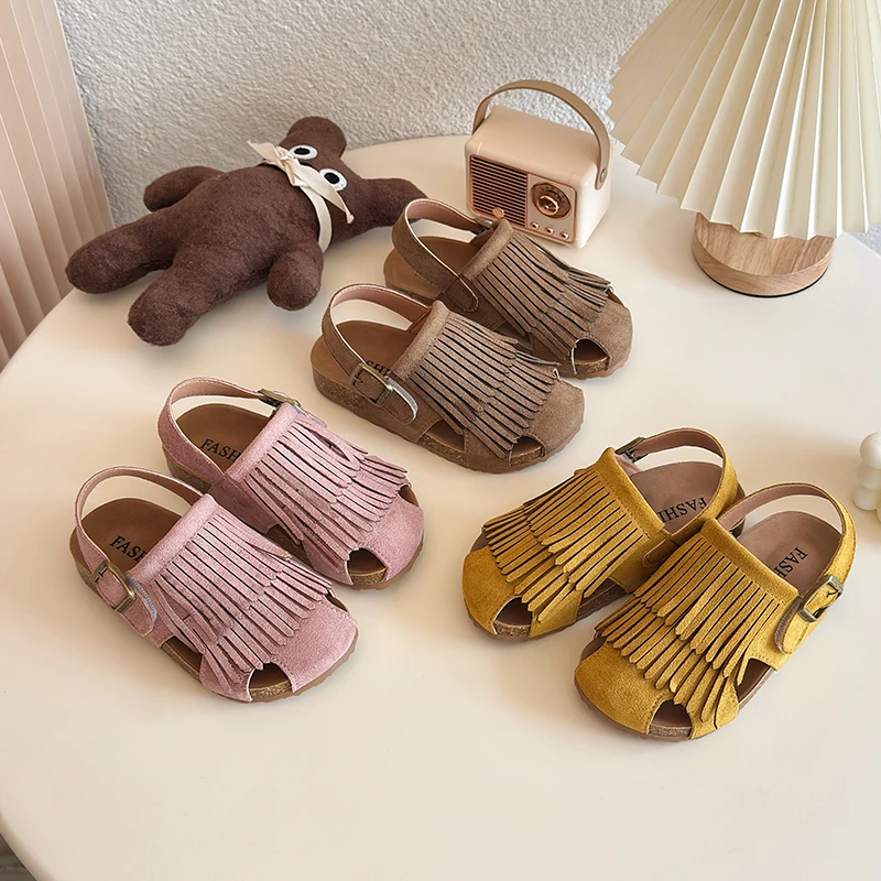 

Girl's Sandals Summer Suede Tasseled Stylish Cover Toe Kids Sliders Leisure Slip-resistant Hook-loop Flexiable Childern Slippers