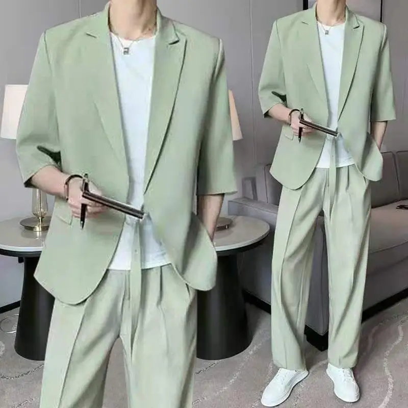 1-A75  Summer Thin Seven-point Sleeve Suit suit Men's Lie-up Casual Half-sleeve Two-piece Set Fried Street Small Suit Outer