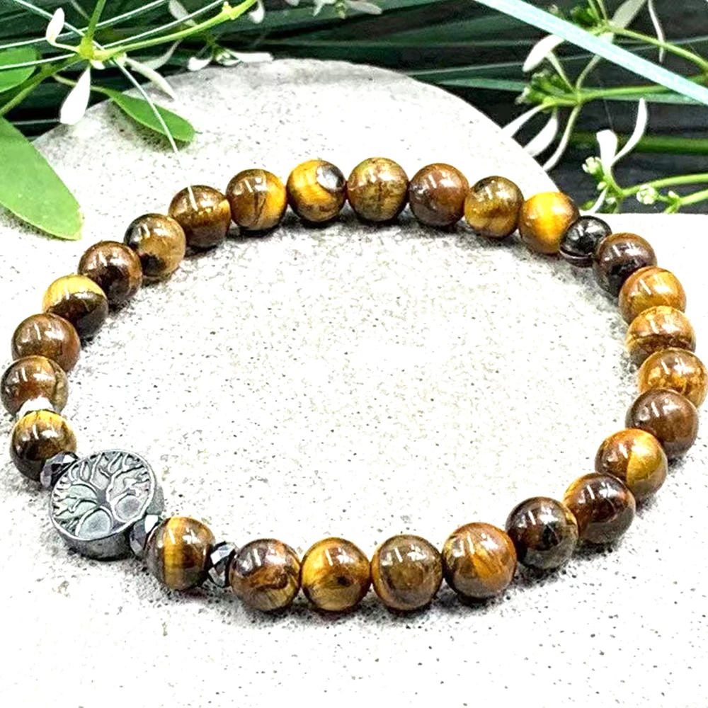 

MG2092 6 MM Tiger Eye Hematite Beads Tree Of Life Charm Bracelet Trendy Mens Womens Energy Protection Jewelry