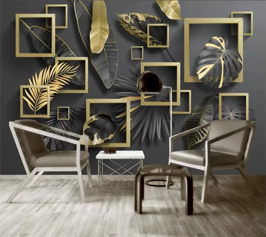 

Обои на заказ, 3d фреска, черно-белая ваза, фон для гостиной, стена, скандинавские современные обои с золотыми листьями, тропическими растениями