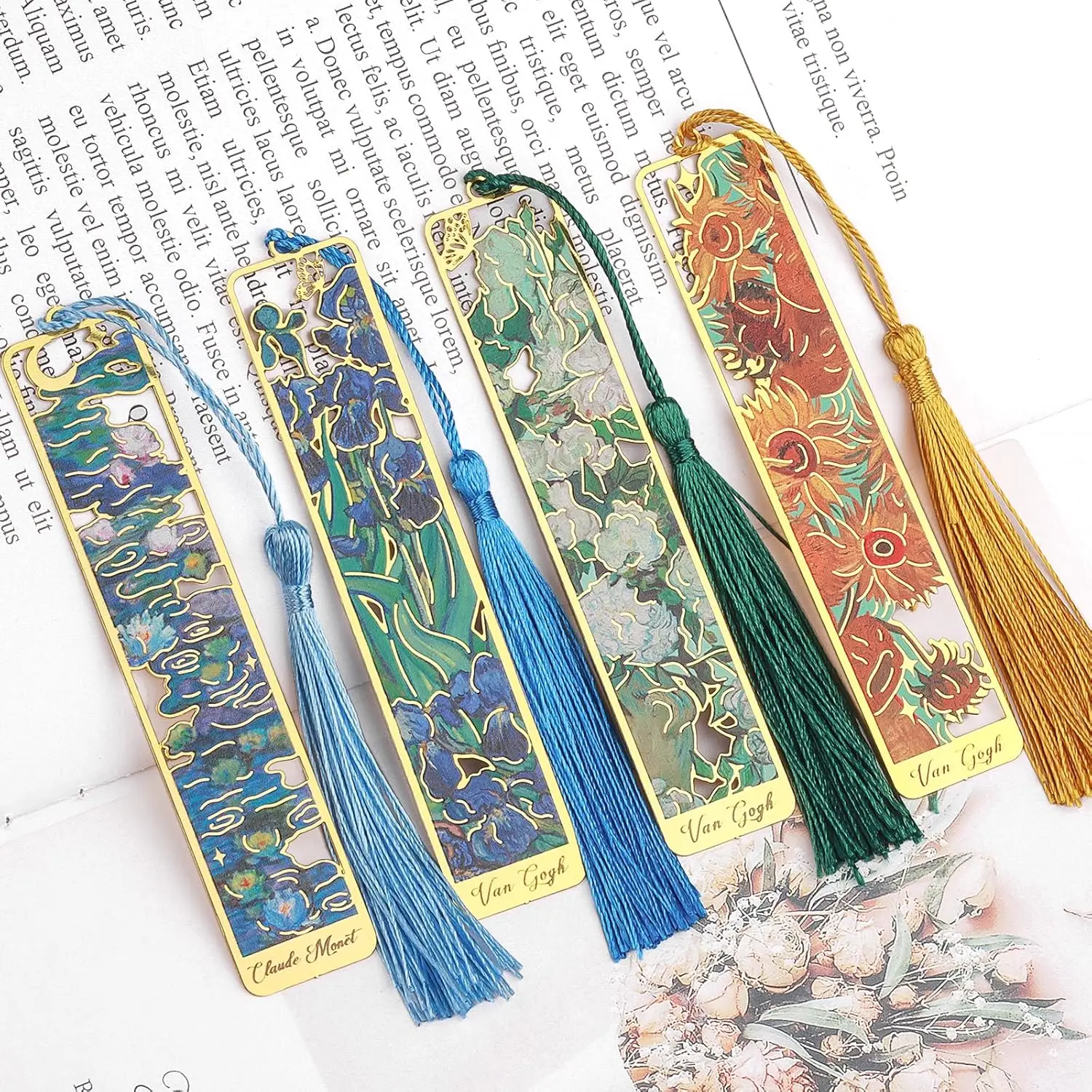 

4 Metal Bookmarks with Tassel, Oil Painting Theme Aesthetic for Book Lovers, Women Men Adults Teens