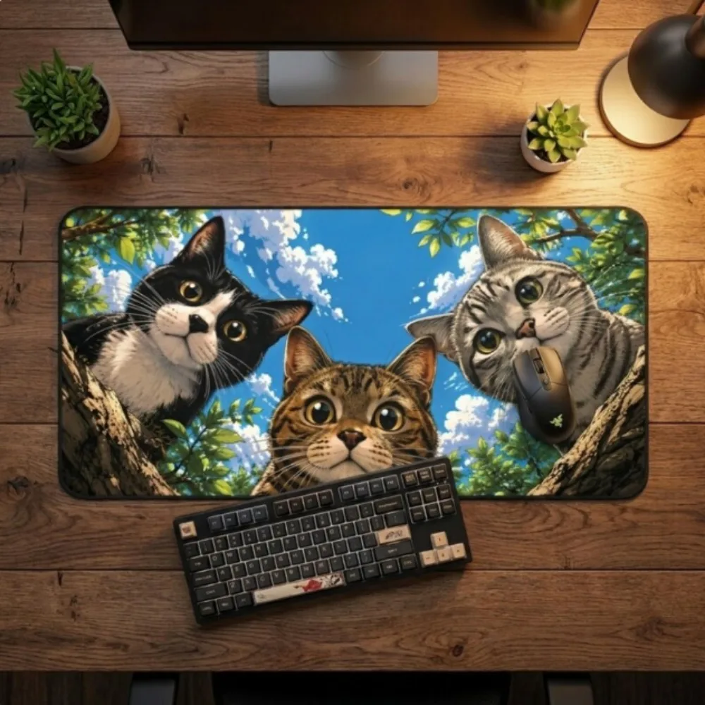 3 Cats Looking Up Gaming Mouse Pad Large Desk Mat Blue Sky Cartoon Kitten Art Anti-slip Rubber Base Stitched Edge Keyboard Mat
