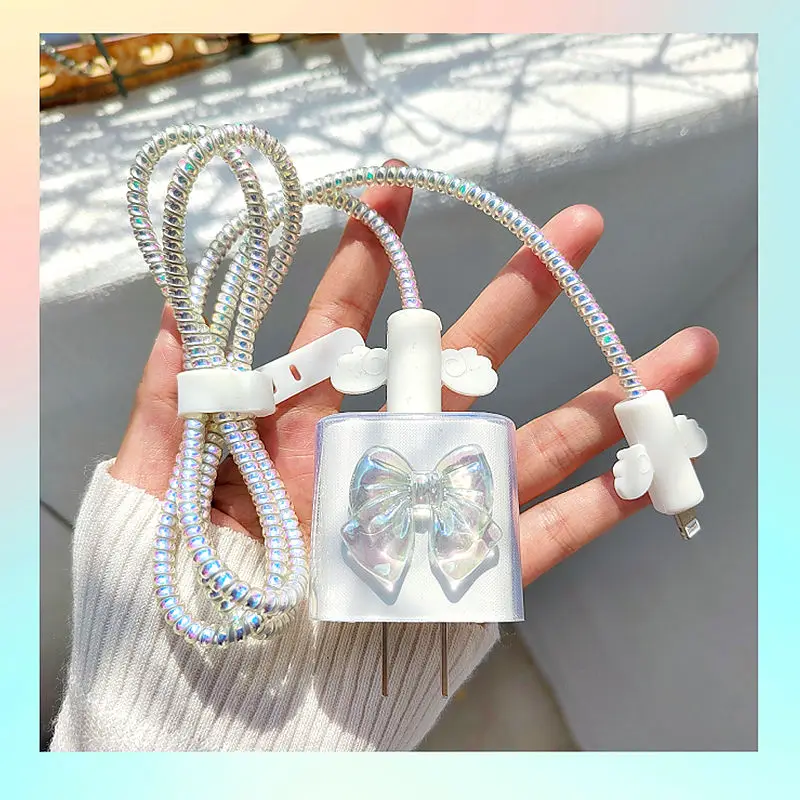 For Apple Iphone 18W/20W Adapter Charger Case Data Cable Protector Charging Head Shell Cute Colorful Bow Cable Line Sleeve Set