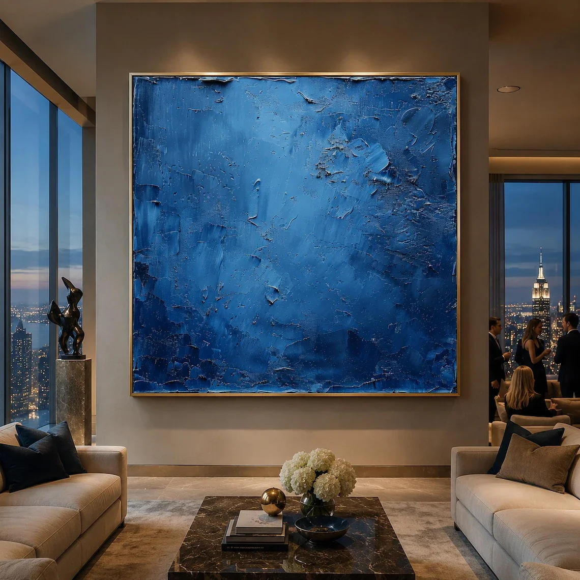 Large Blue Textured Impasto Abstract Canvas Painting Minimalist Modern Navy Wall Art Handmade Home Decor for Living Room Bedroom