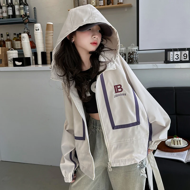 

Children's clothing spring and autumn girls hooded jacket kids windbreaker zipper jacket teenagers contrast color tops 4-14 year