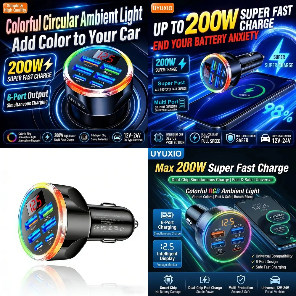 Universal 6 Ports Car Charger Hub New Products 2026 for iPhone 18 17 16 Samsung S26 S25 S24 with Digital Voltage Monitoring Hub