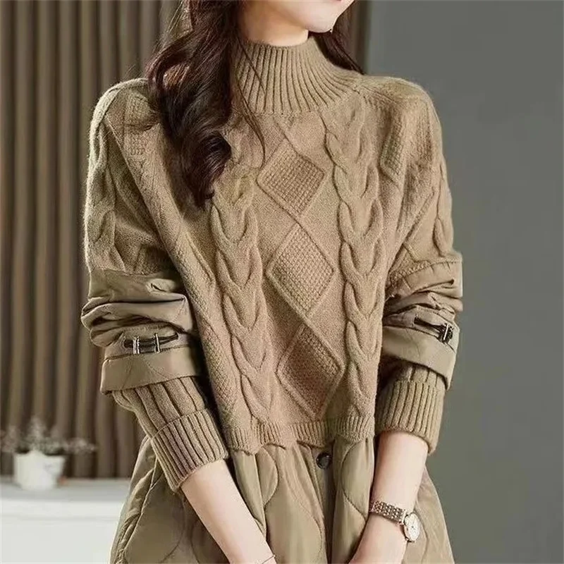 

2025 Women Fashion High Neck Patchwork Knitted Tops Autumn Lady Large Size 4XL Sweater Jacket Korean Femme False Two-Piece Knit