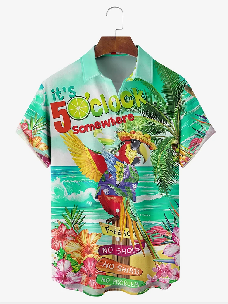 Fashionable Hawaiian Men's Short-sleeved Shirt Seaside Parrot Print Men's Casual Shirt Summer Vacation Beach Party Men's Shirt