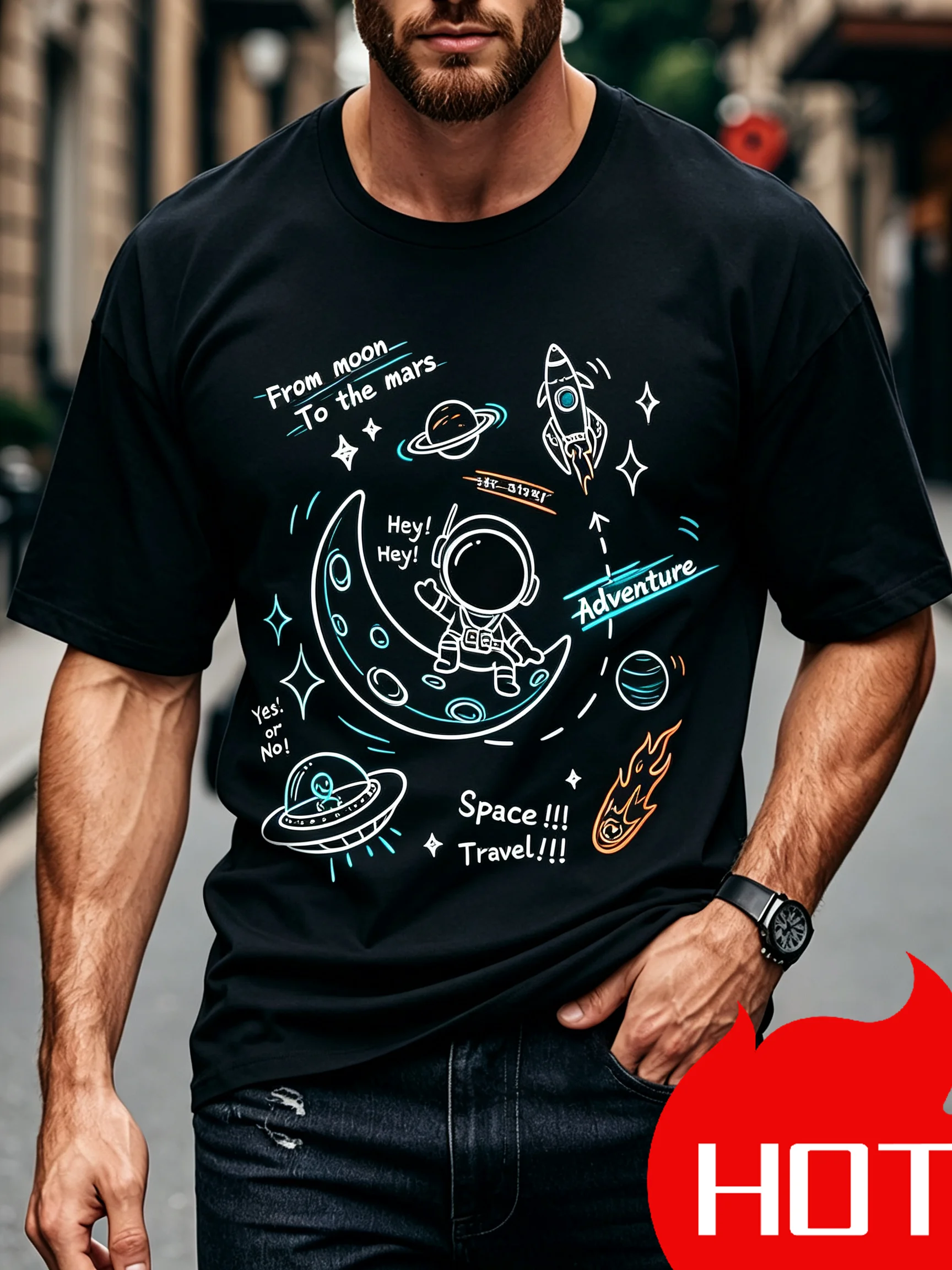 Men’s Astronaut Moon Graphic Short Sleeve T-Shirt, Casual Crew Neck Tee with Space Travel Doodle Print for Daily Street Outfits