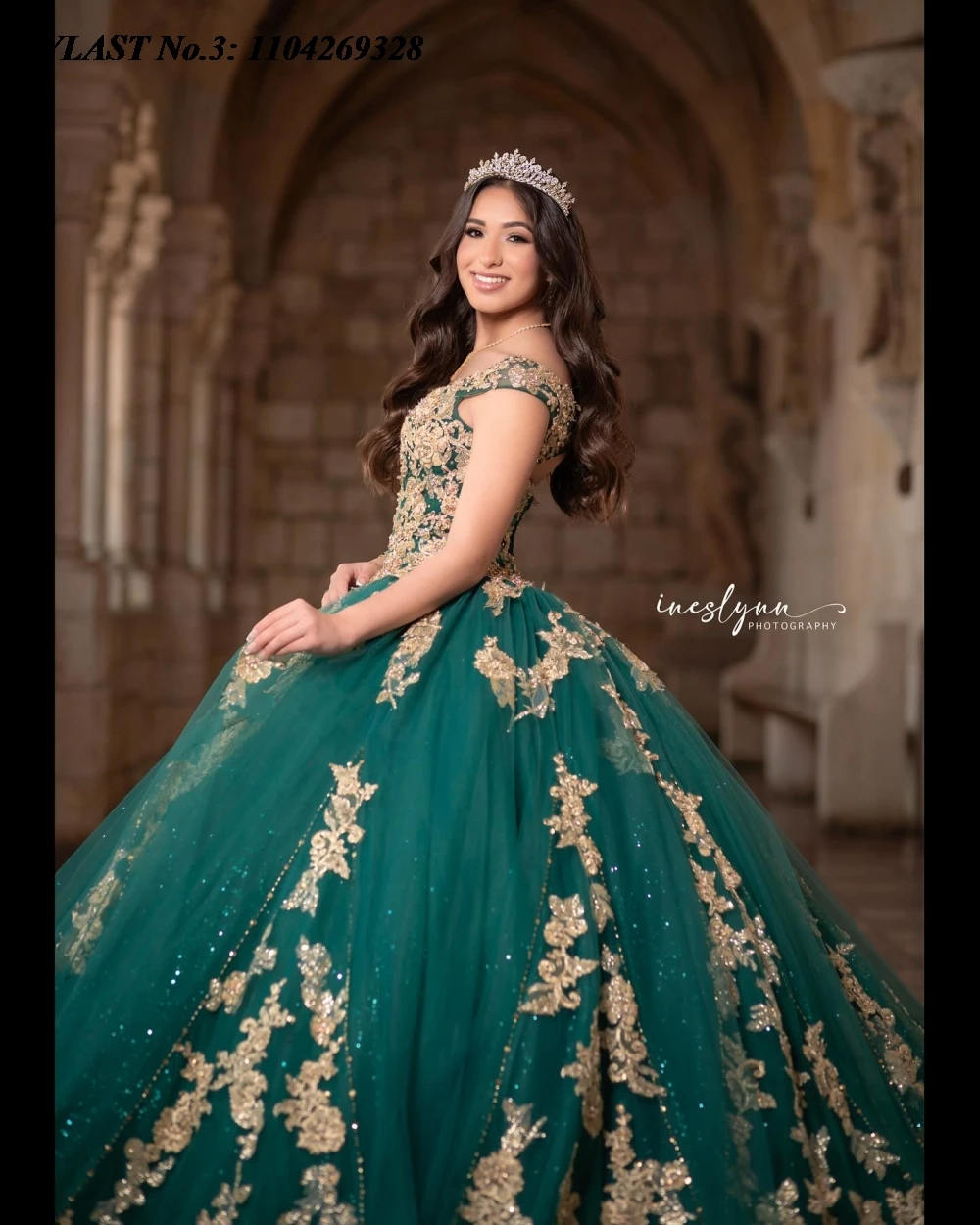 Evlast personalizado glitter verde escuro quinceanera vestido de baile ouro renda applique miçangas doce 16 vestido de 15 anos e3q277