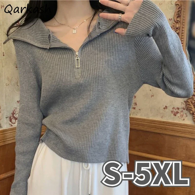 Pullovers Sweater Women Clothing S-5XL Zipper Design Temper Solid Basics Loose Korean Style Knitted Casual Daily Feminino Lady