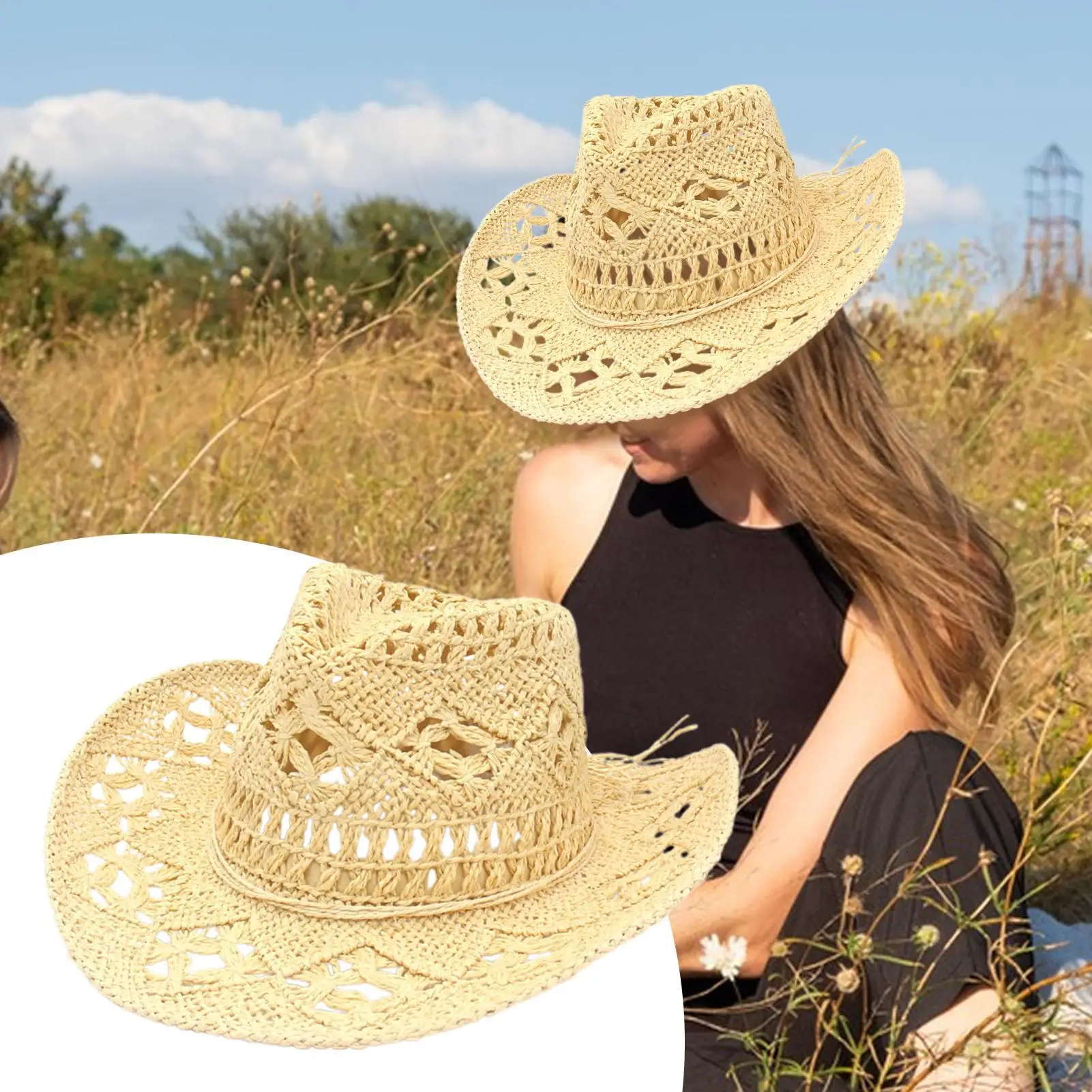 

Cowboy Hat Straw Western Hat for Masquerade Sun Protection Wide Brim Headpiece for Farm Work Hiking Theme Party Beach Outings