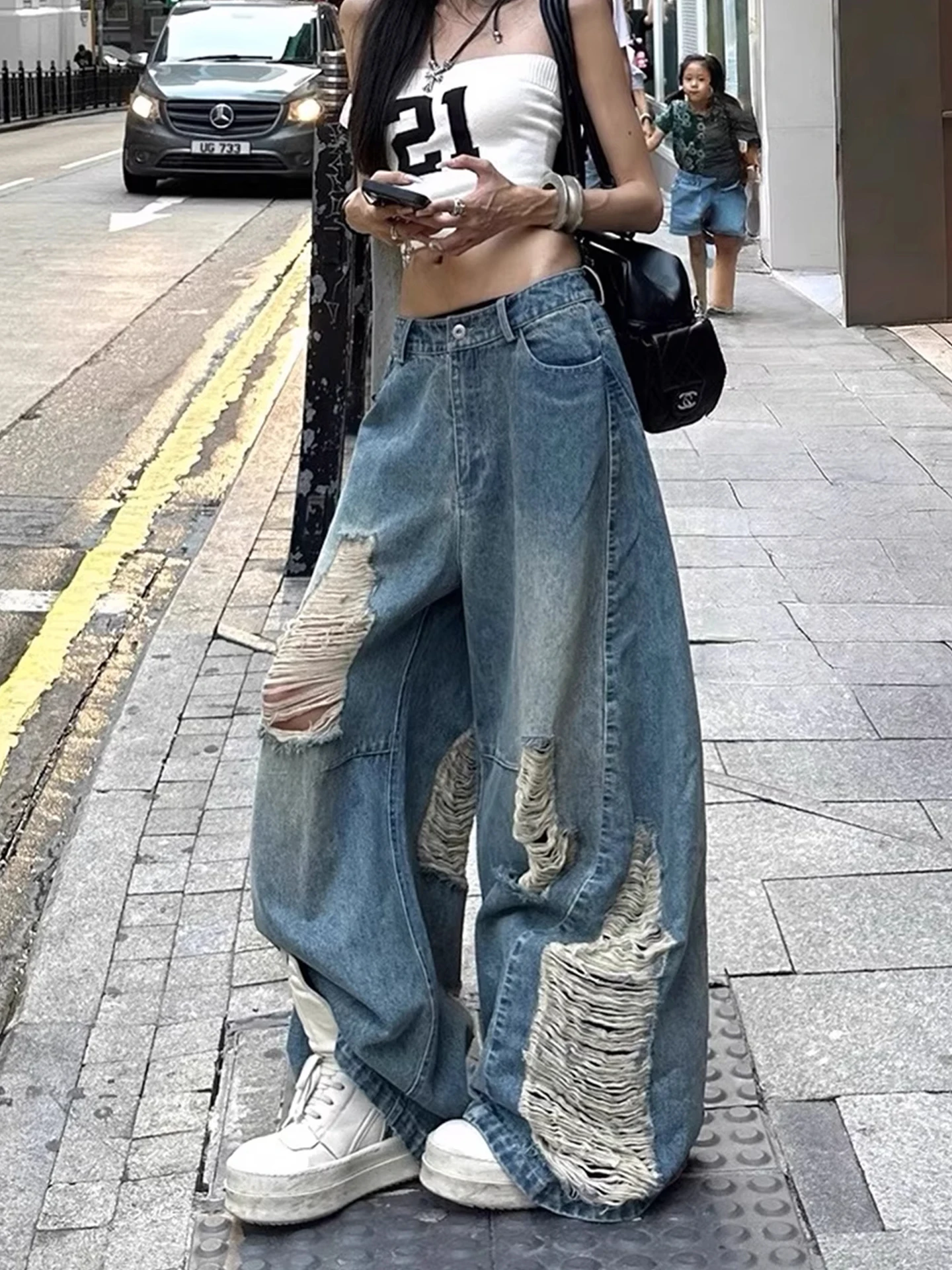 

Retro American High Street Women's Jeans Vintage Waed Floor-Length Hole Design Summer New Blue Loose Fit High Waist Casual