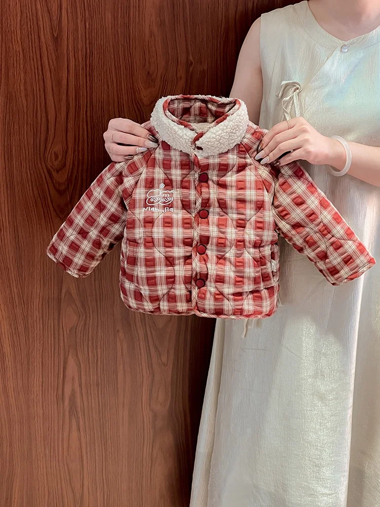 

Thiened Plaid Cotton Coat for Girls Winter Wear Double-Sided Wear Comfortable Warm Children's Outerwear Korean Sle Button...