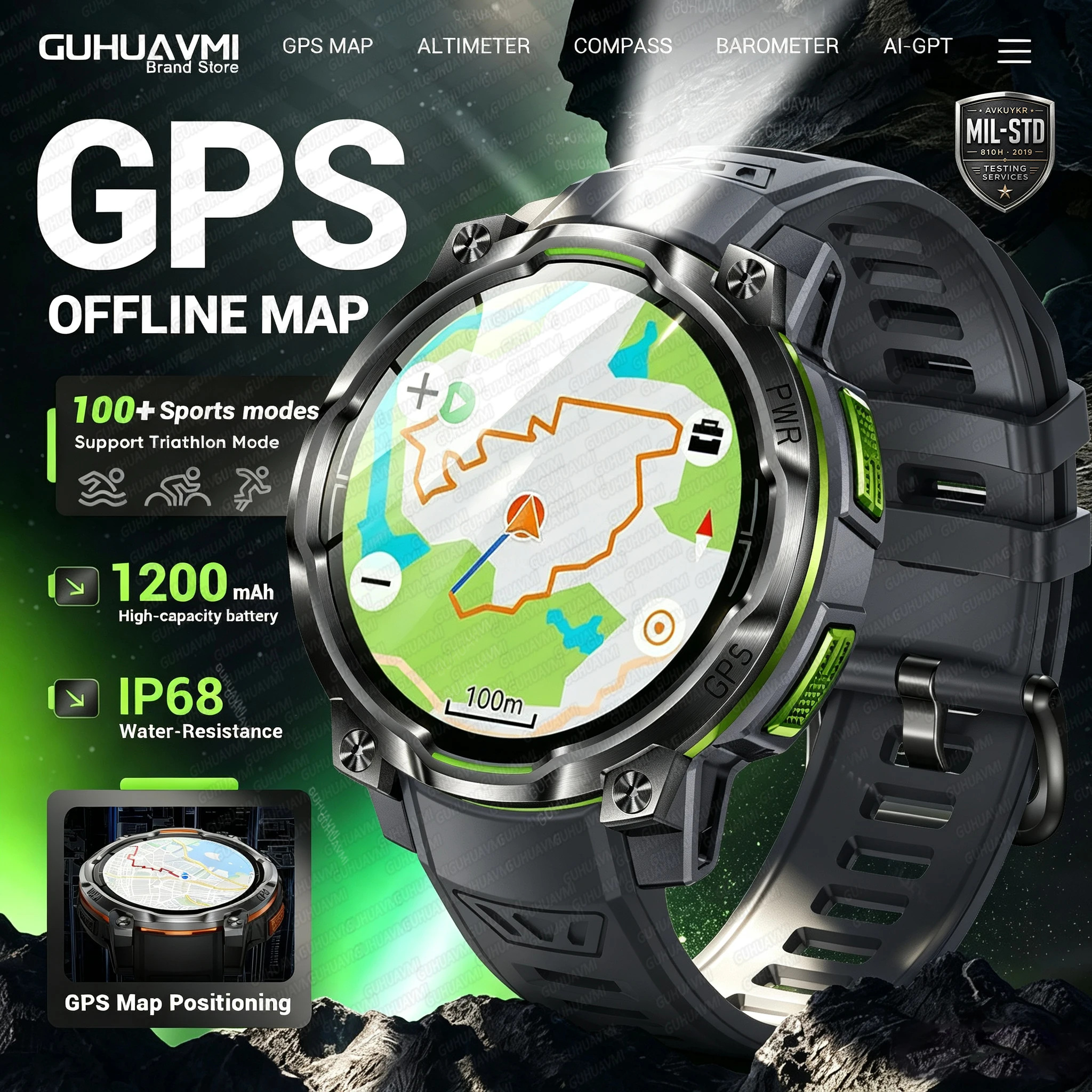 Новые умные часы с GPS и офлайн-картой для активного отдыха, батарея 1200 мАч, светодиодный фонарик, водонепроницаемость IPX8, компас, военные умные часы для плавания.