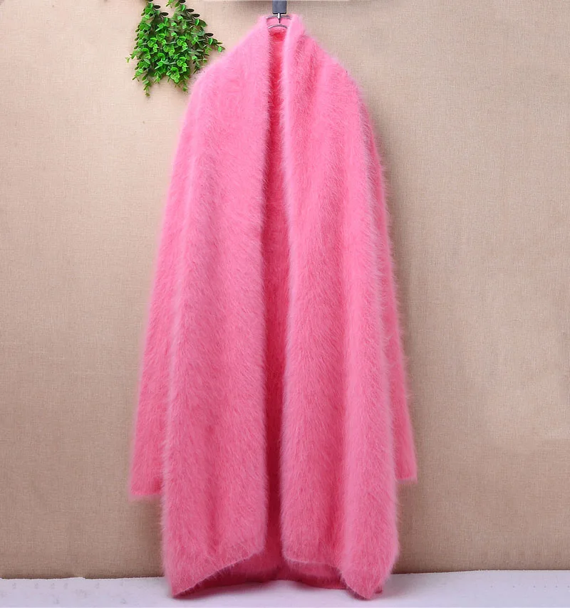 Ladies Women Fall Winter Clothing Pink Hairy Angora Rabbit Hair Knitted Long Sleeves Loose Long Sweater Cardigans Mantle Jacket