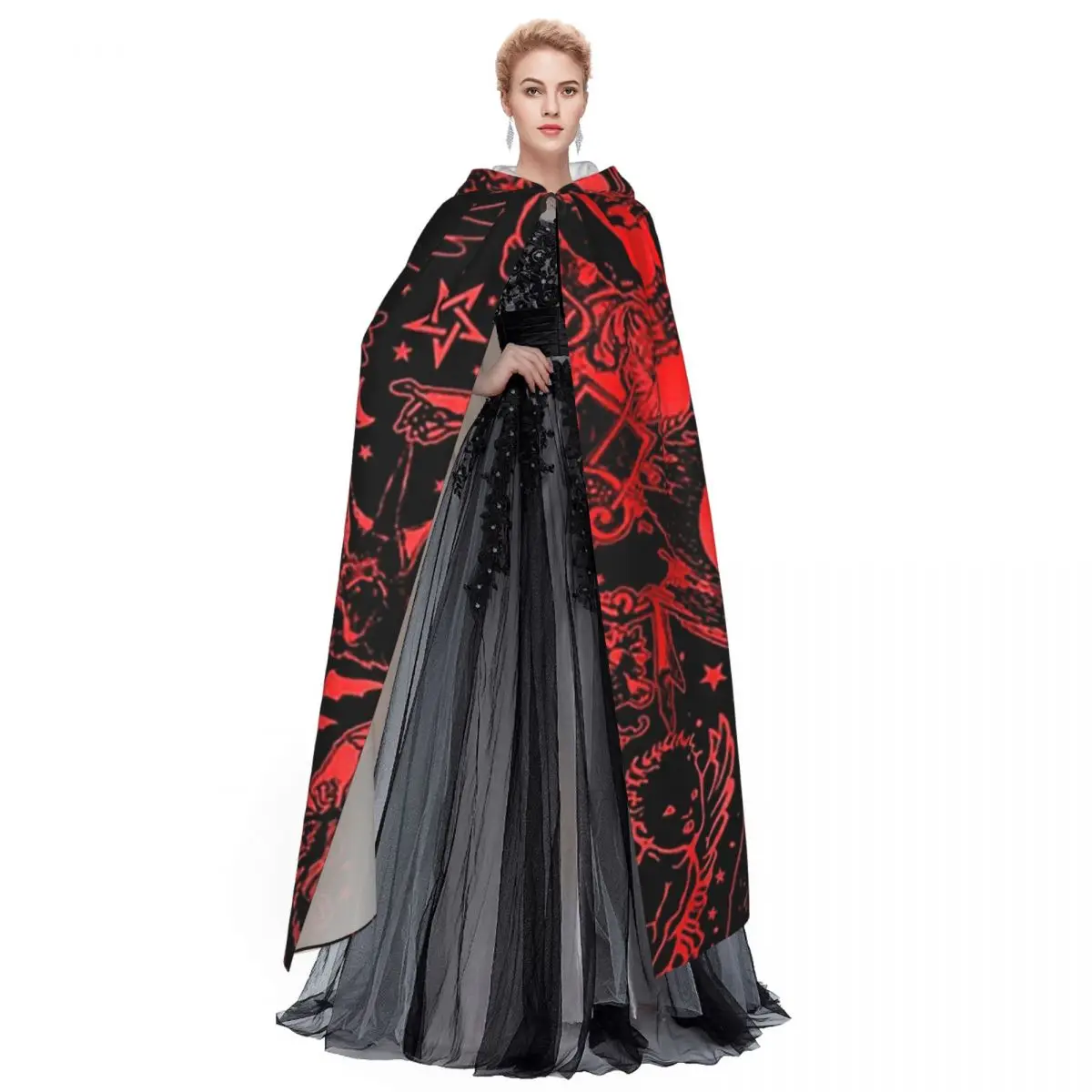 赤い五芒星バフォメットオカルト悪魔ロングフード付きマント魔女中世コスチュームコスプレケープハロウィンヴァンパイア大人ユニセックス