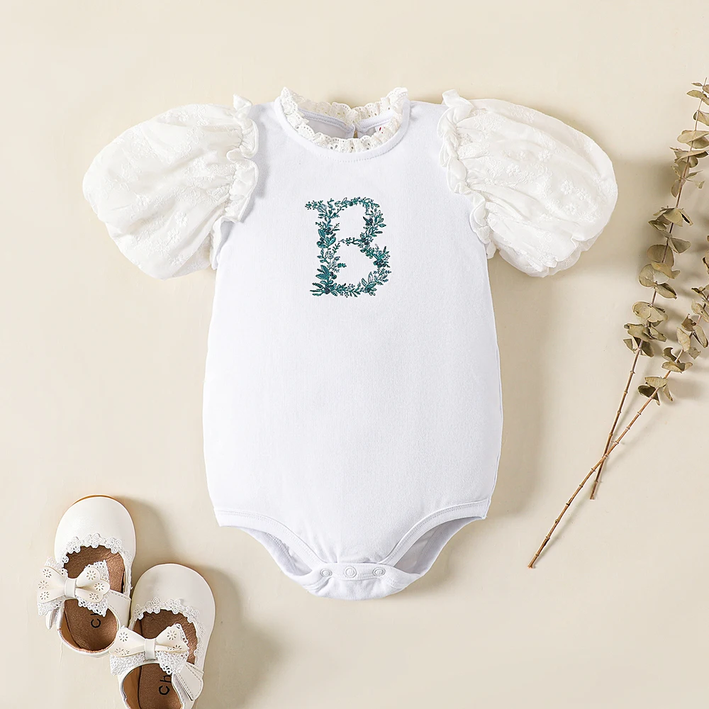 

PatPat Baby Girl Cotton Letter Embroidered Frill Neck Puff-sleeve Romper