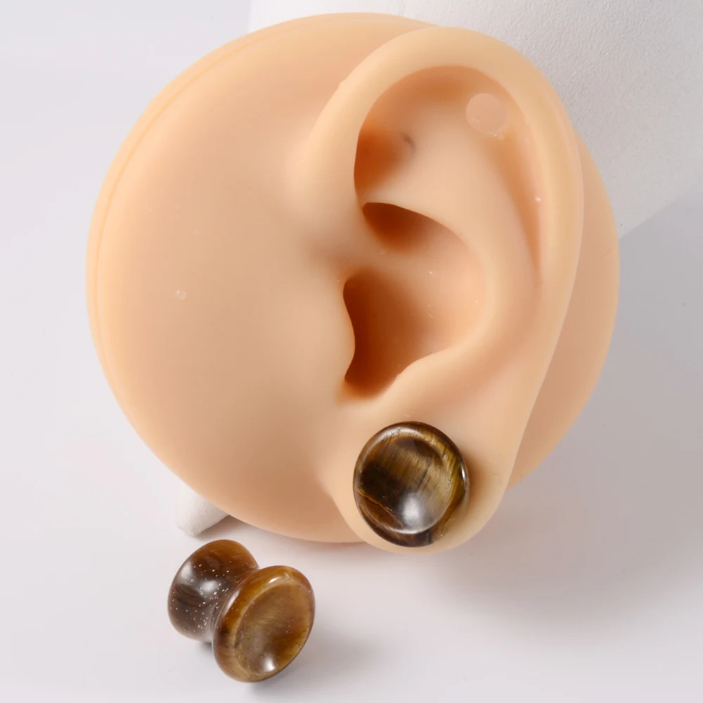 1Pair Amethyst Tiger Cat Eye Ear Plug, Double Flare