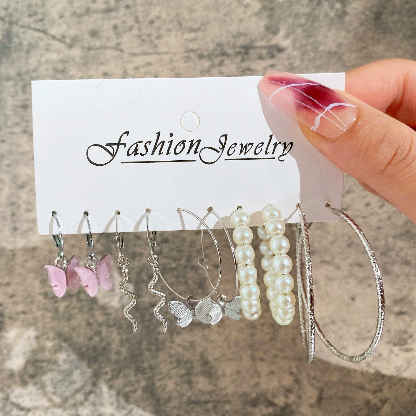 Women's Pink Butterfly Earrings Swirly Dangles/Imitation Pearl /Textured Silver Color Hoop Earrings Diverse Earring Set