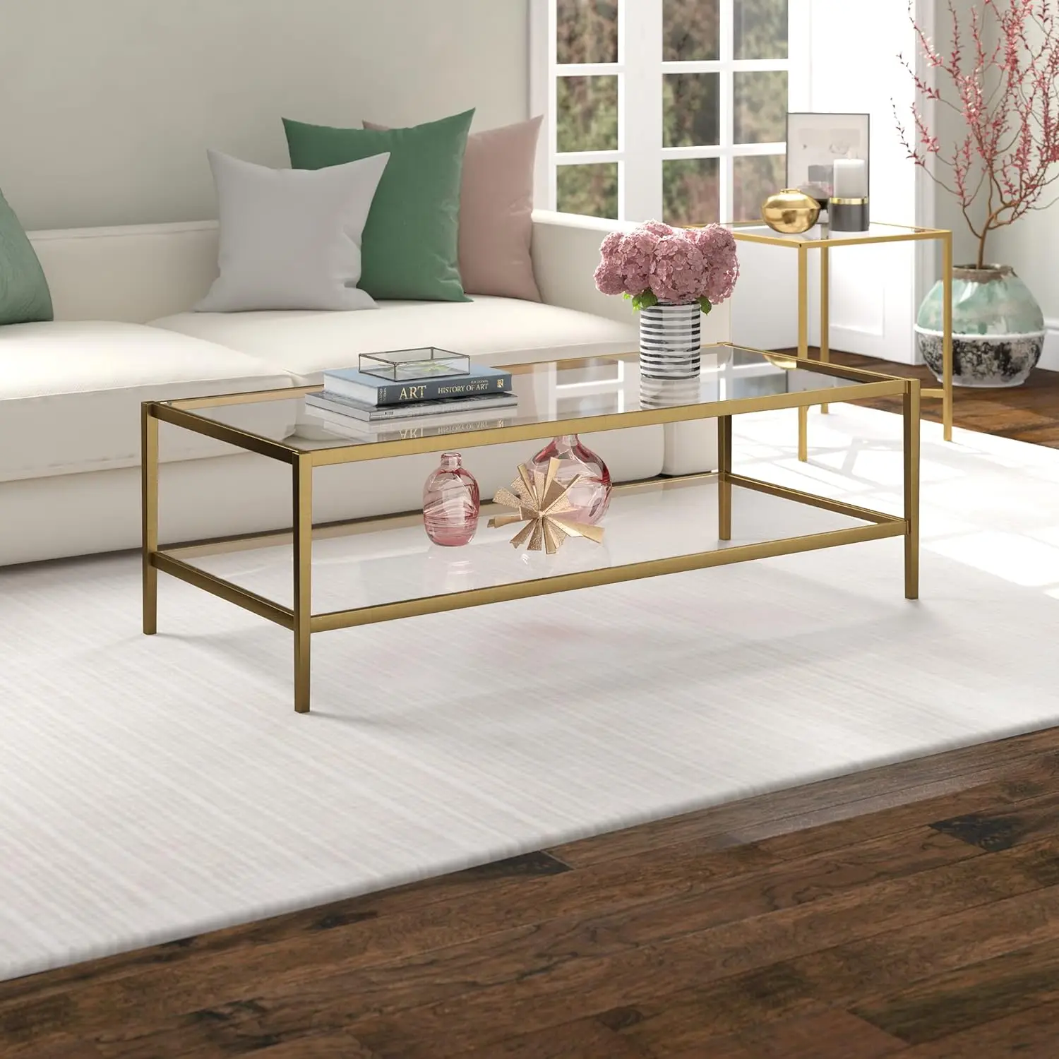 

54" Wide Rectangular Coffee Table with Glass Shelf in Antique Brass,Modern coffee tables for living room