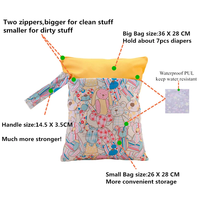 25X35cm Two Pockets Storage Bag Mommy Fashion Splice Color Handbag Baby Cartoon Print Diapers Wet Dry Bag Stroller Carry Pack