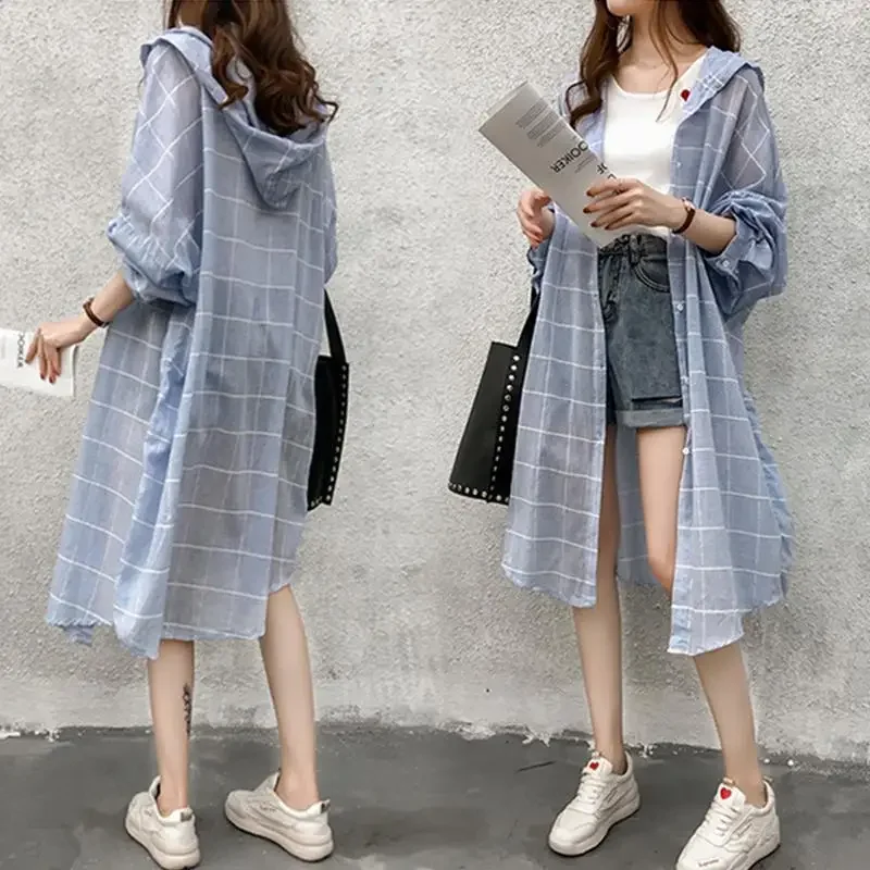 

Outer Jacket Plaid Shirt Women's Clothing Hooded Mid-length Sun Protection Clothing Plus Size Loose Cardigan Coat Clear Jacket