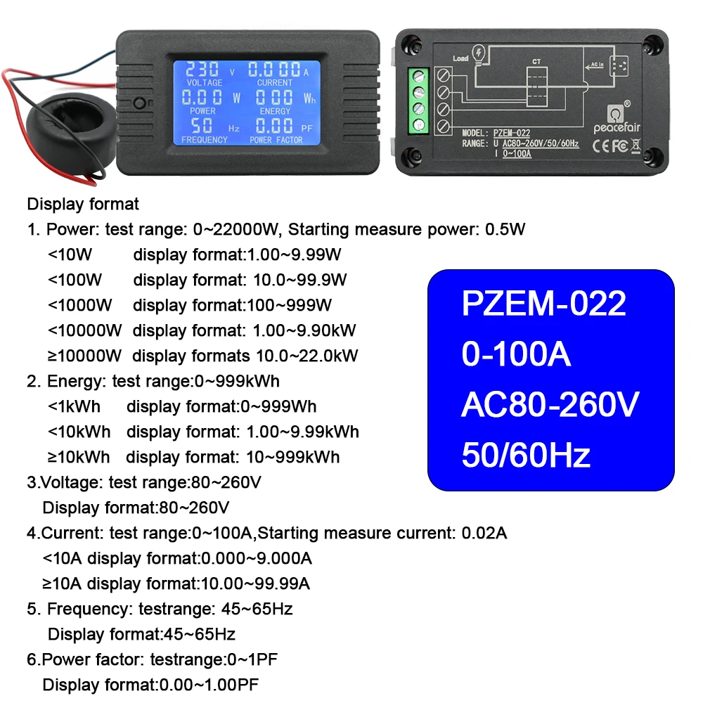 PZEM 5A 10A 100A Battery Capacity Tester AC80-260V 6in1 Voltage Current Power Capacity Meter Resistance Frequency Meter